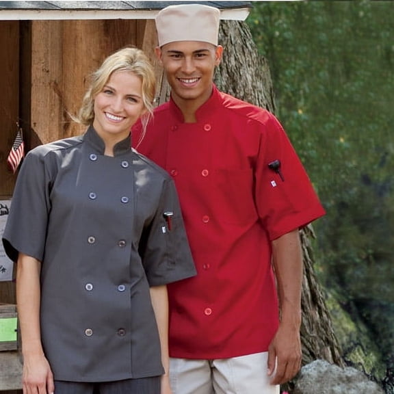 Red 10 Button Short Sleeve Poplin Chef Coat (Size: XS)