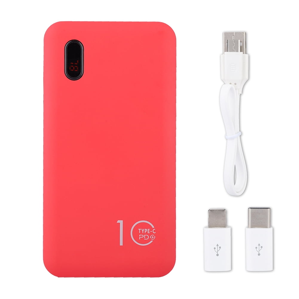 Red 10000mah fast charging portable power bank with built in data cable