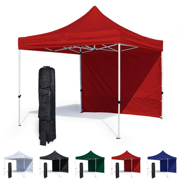 Red 10x10 Canopy Tent and Sidewall - Economy Edition - Durable Steel Frame, Water-Resistant Canopy Top and Side Wall - Bonus Wheeled Canopy Bag and Premium Stake Kit (5 Color Options)