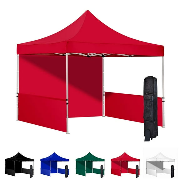 Red 10x10 Instant Canopy Tent with 1 Full Wall and 2 Half Walls - Commercial Grade Steel Frame with Water-Resistant Canopy Top and Sidewalls - Bonus Canopy Bag and Stake Kit Included (5 Colors)