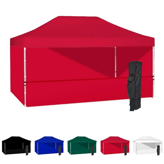 Red 10x15 Instant Canopy Tent with 3 Full Walls and 1 Half Wall - Commercial Grade Steel Frame with Water-Resistant Canopy Top and Sidewalls - Bonus Canopy Bag and Stake Kit Included (5 Colors)
