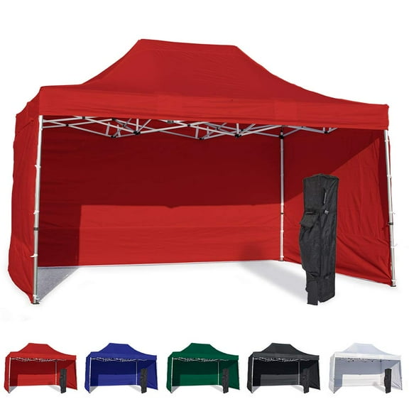 Red 10x15 Instant Canopy Tent and 3 Side Walls - Commercial Grade Steel Frame with Water-Resistant Canopy Top and Sidewalls - Bonus Canopy Bag and Stake Kit Included (5 Color Options)