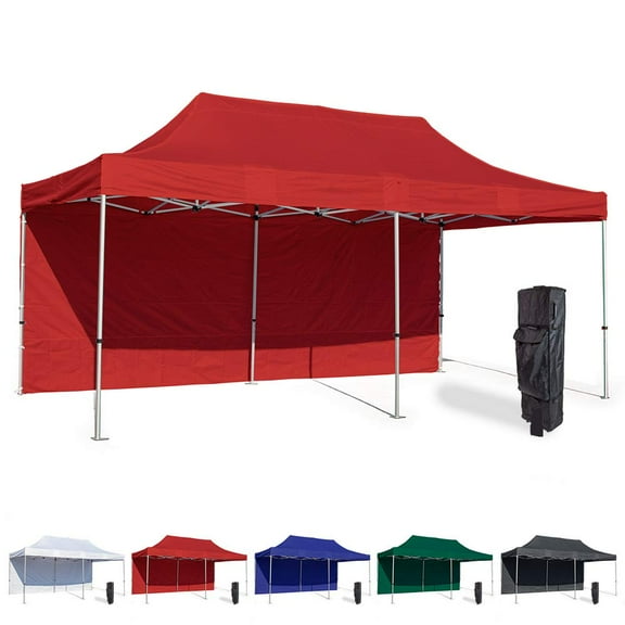 Red 10x20 Instant Canopy Tent and Side Wall - Commercial Grade Steel Frame with Water-Resistant Canopy Top and Sidewall - Bonus Canopy Bag and Stake Kit Included (5 Color Options)