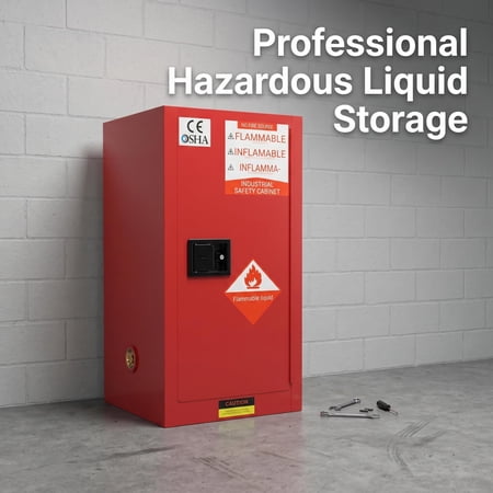 Red 12 Gallon Flammable Liquid Storage Cabinet, Safety Cabinet with 3-Point Lock, Adjustable Shelf & Grounding Cable, Double-Layer Hazardous Chemical Cabinet for Industrial Warehouse Home