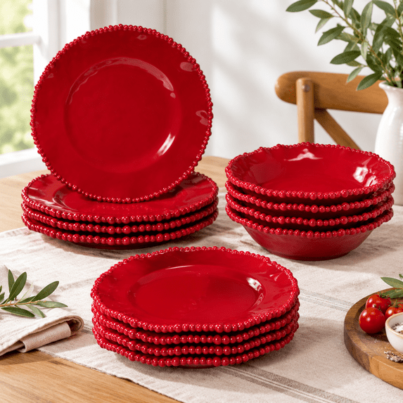 Ruby Ware Warehouse Red 12-Piece Dinnerware Set with Ruffled Beaded Rim, Service for 4 ...