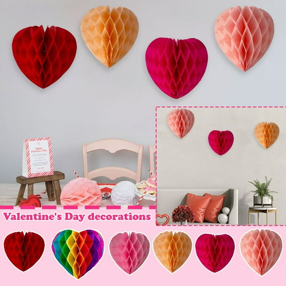 Red 12Inch Valentine's Day Heart Honeycomb Ball Hanging Decor - 3D Heart Shaped Honeycomb Structure For Party Festive Decoration, Romantic Event Ornament - Valentine's Day