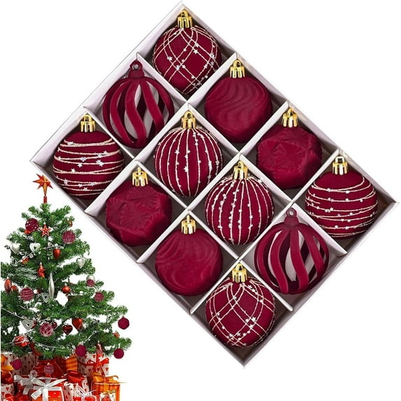 Red 12Pcs Velvet Christmas Ball Ornaments Flocked Shatterproof Tree Decorations Hanging Balls For Holiday Home Decor Christmas Tree Decoration Set