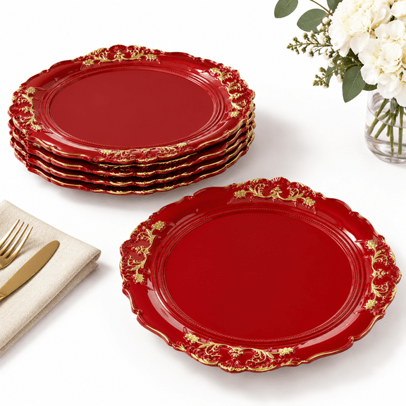 Red 13 Inch Plastic Embossed Plates Set of 6 for Dinner Parties