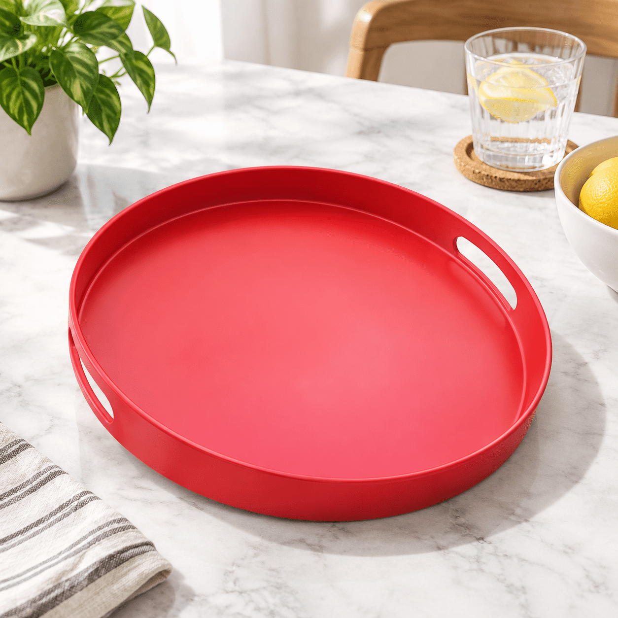 Red 13" Round Decorative Serving Tray With Handles For Coffee Table ...