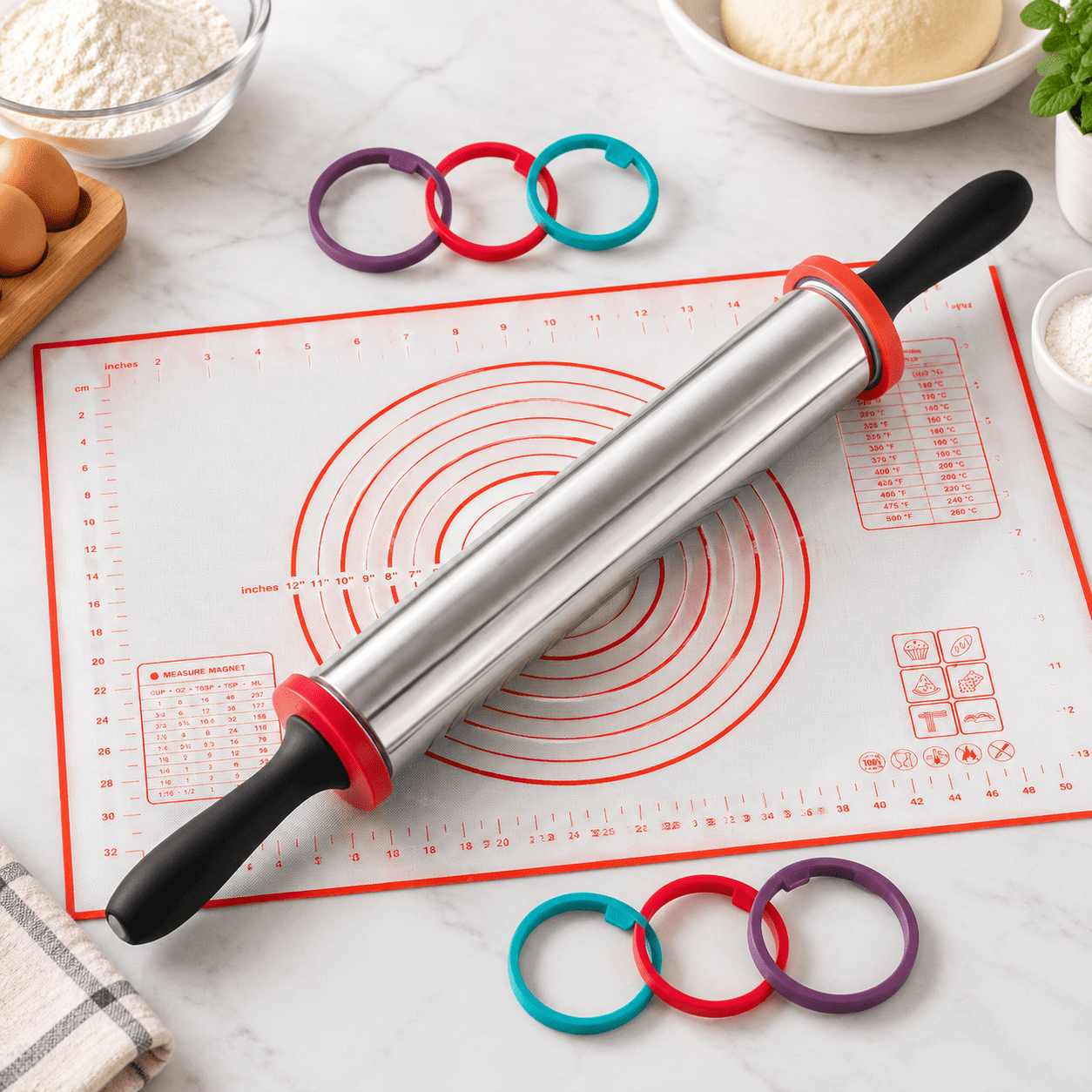 Red 19 Inch Adjustable Stainless Steel Rolling Pin with Thickness Rings ...