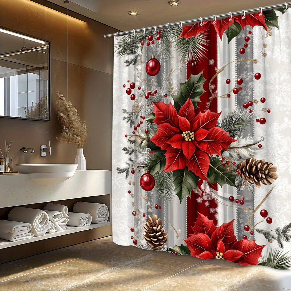 Red 1pc Poinsettia Holiday Polyester Shower Curtain with Vibrant Flowers, Holly Leaves, Red Berries, Pine Branches, Golden Pinecones, Red Ornaments,12 Hooks, 72x72 inch