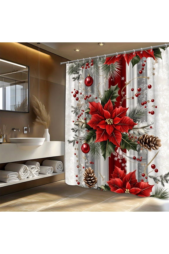 Red 1pc Poinsettia Holiday Polyester Shower Curtain with Vibrant Flowers, Holly Leaves, Red Berries, Pine Branches, Golden Pinecones, Red Ornaments,12 Hooks, 72x72 inch