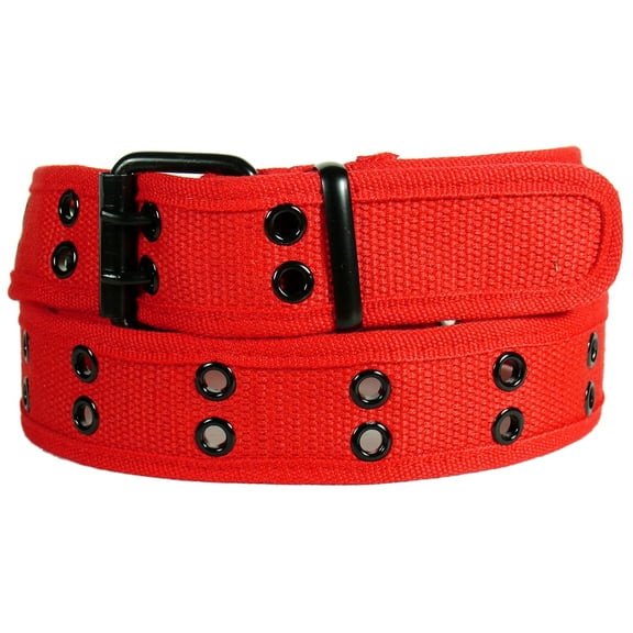 Red 2 Holes Row Metal Grommet Stitched Canvas Fabric Military Web Belt
