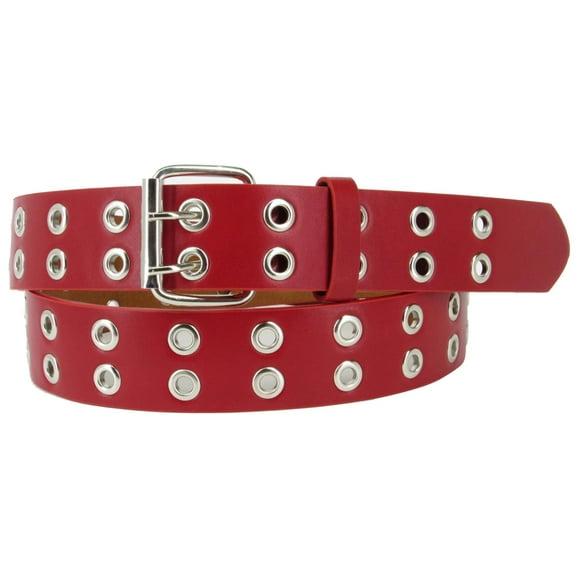 Red 2 Holes Row Silver Grommets Bonded Leather Belt Removable Buckle