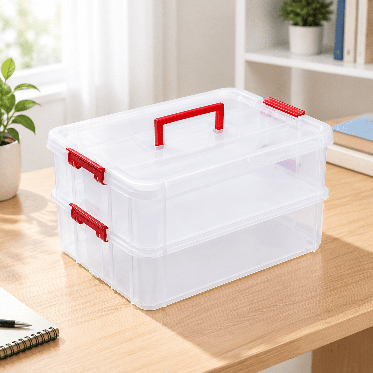Red 2-Tier Plastic Stackable Storage Container Box with Handle and Lids ...