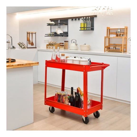 Red 2-Tier Utility Cart with Handle - Heavy Duty Metal Rolling Cart, 110lbs Capacity, Kitchen Garage Garden Storage Organizer