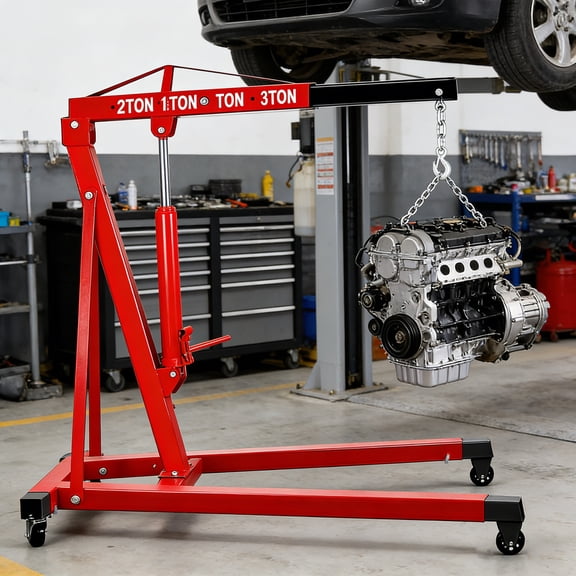 Red 2 Ton Hydraulic Engine Hoist Crane Cherry Picker with 4400 lbs, Sturdy Outriggers, Steel Frame, Folding Design, Workshop Crane Lifting Hydraulic Shop Crane for Car/Truck Engines
