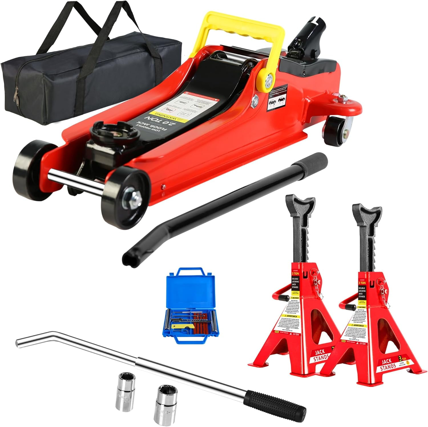 Red 2 Ton Low Floor Jack w/3 Ton YStand and Repair Kit, Hydraulic