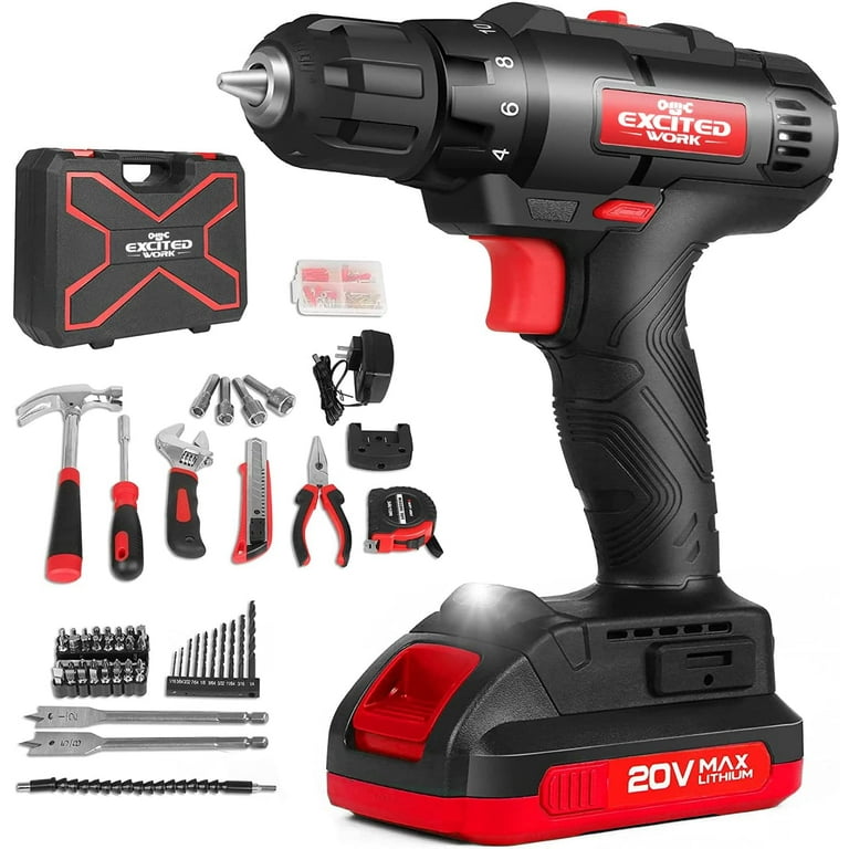 Red 20V Cordless Drill Driver Kit and Household Tool Kit for