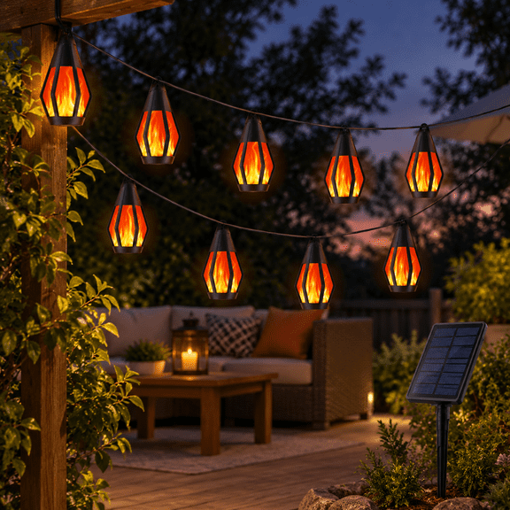 Red 21ft Solar Flickering String Lights for Outdoor Patio and Garden Use