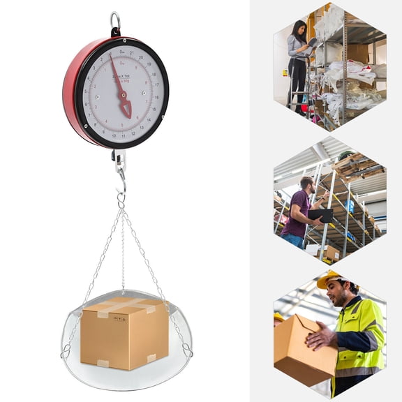 Red 22lbs Mechanical Hanging Scale with Scoop/Chain, Large Display Spring Dial Weight Scale, High Accuracy Weight Scale for Farm, Kitchen Food and Produce