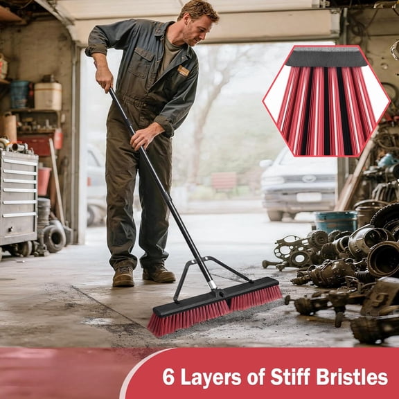 Red 24" Heavy-Duty Outdoor Push Broom 63" Long Handle Stiff Bristle for Garage Garden Yard Driveway Warehouse