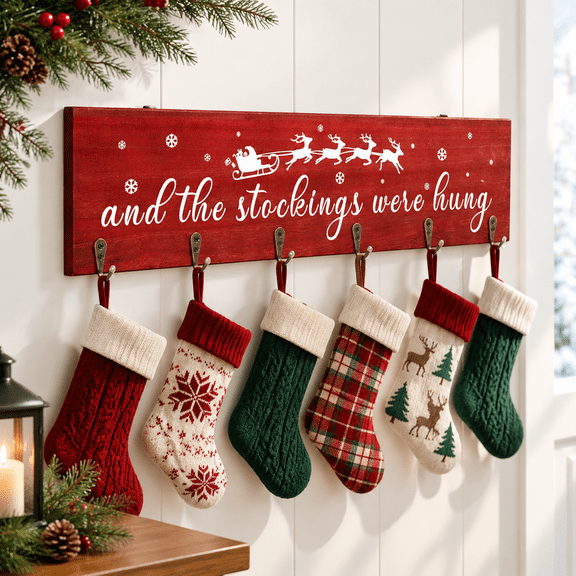 Red 24 Inch Christmas Stocking Holder with 6 Metal Hooks for Wall and Fireplace Mantel