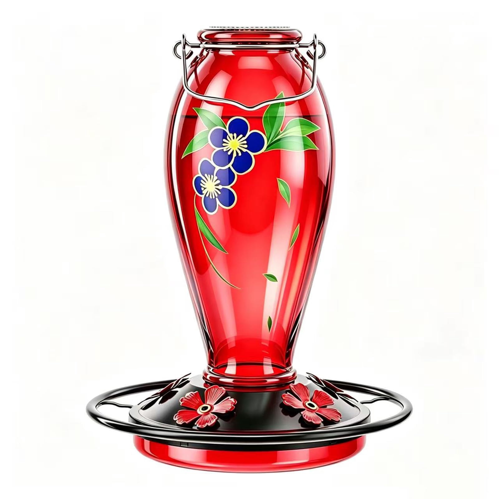 Red 24 Oz Thick Glass Hummingbird Feeder, Outdoor Hanging Garden Decor with 5 Feeding Ports