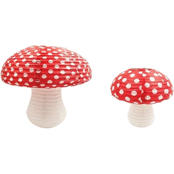 Red 2PC Mushroom Paper Lanterns for Forest Jungle Themed Birthday Tree Hanging 3D Fairy Baby Shower Garden Wedding Decor