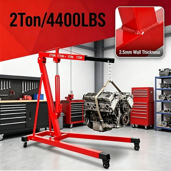 Red 2ton Engine Hoist Cherry Picker, Heavy Duty Steel Engine Lift Hoist, 4400lbs Hydraulic Shop Crane with Adjustable 4‑Position Boom & 4 Swivel Casters for Vehicle Maintenance Garage Workshop