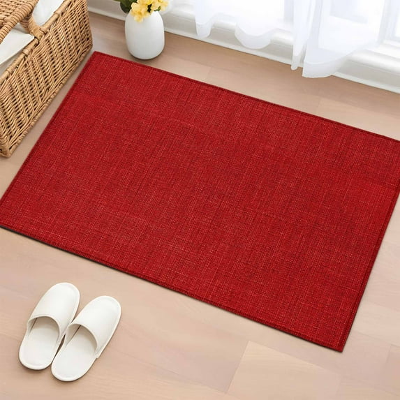 Red 2x3 Door Mat Rug, Farmhouse Burlap Solid Red Color Modern Linen Texture Non-Skid Rubber Backing Large Rectangle Rugs - Living Room Bedroom Home Office, Indoor Floor Mat Carpets Washable Rug