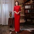 thumbnail image 1 of Red 3/4 Sleeve Long Cheongsam Velvet Slim Mother Dress Elegant Traditional Evening Dresses Qipao, 1 of 9