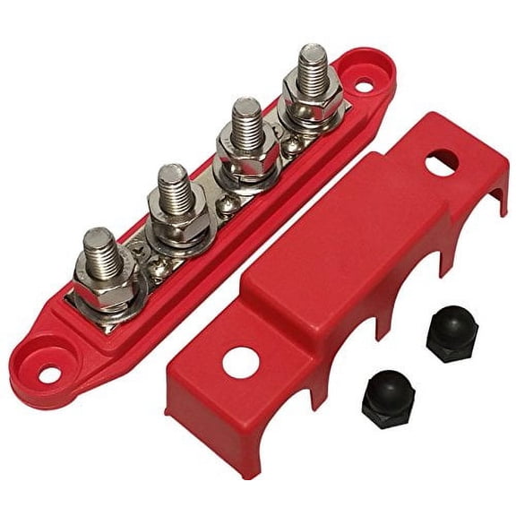 (Red) 3/8" 4 Stud Power Distribution Block -BUSBAR- with Cover - Made in The USA