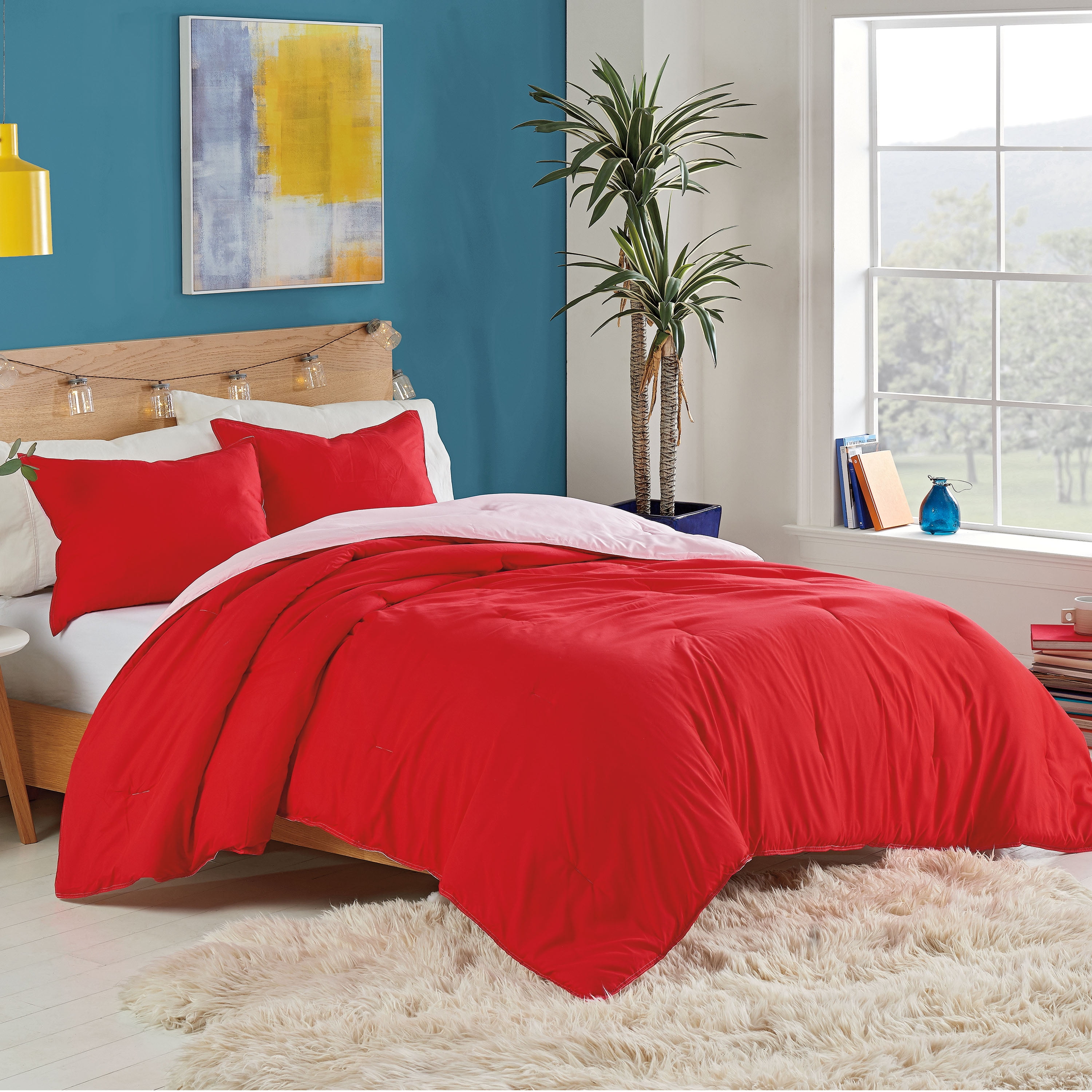 Red 3Piece Reversible Comforter Set, Recycled Microfiber Bedding, Twin