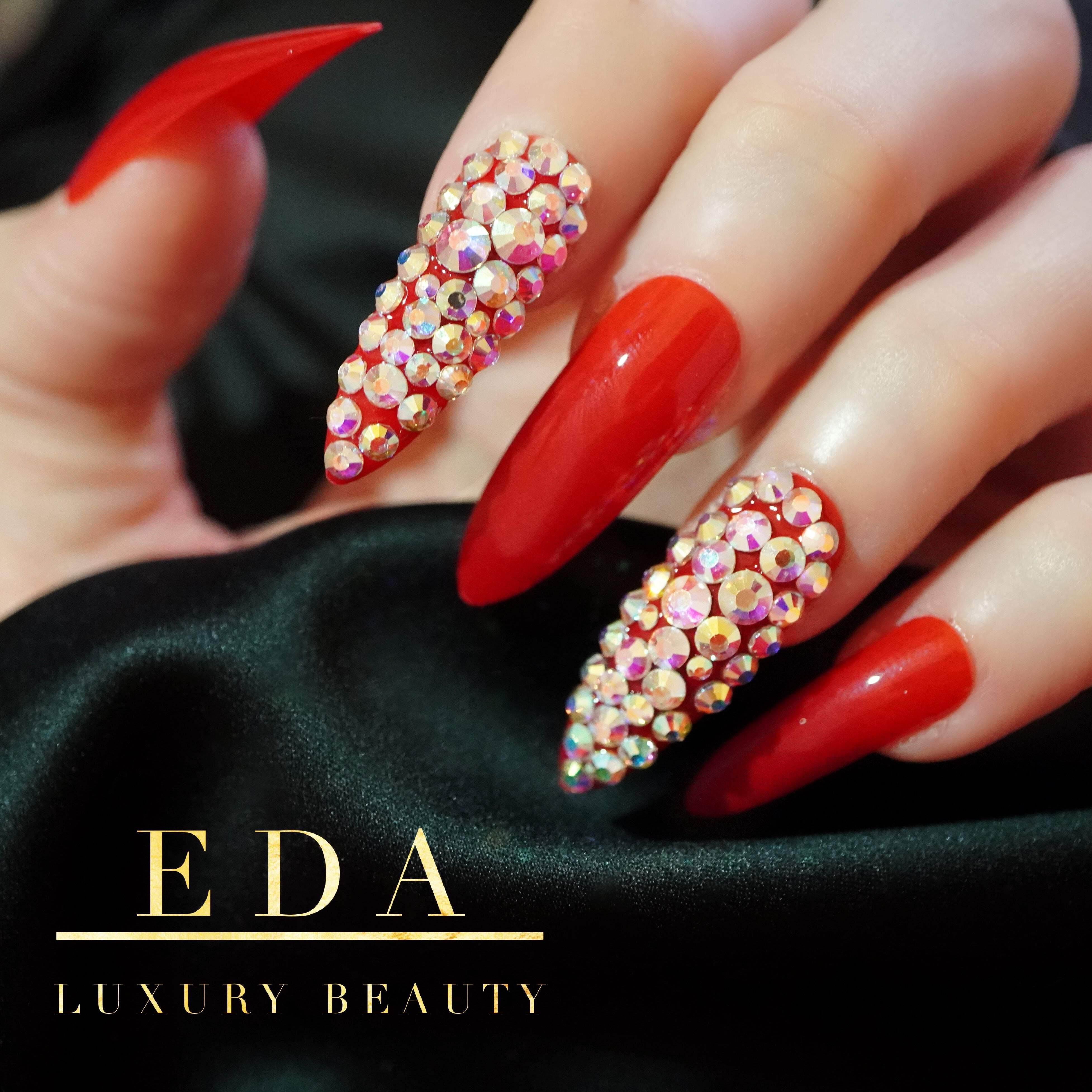 Red 3D Crystal Press On Nails, Extra Long Sharp Stiletto False Tips Rhinestones Fake Nails Set