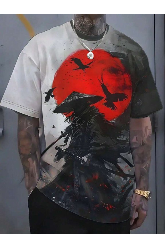Red 3D Digital Samurai Ghost Hand Print Adult T-Shirt, Comfortable Stretchy Crew Neck Short Sleeve Tee, Regular Fit