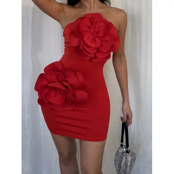 Red 3D Floral Bodycon Mini Dress With Strapless Fit And Flower