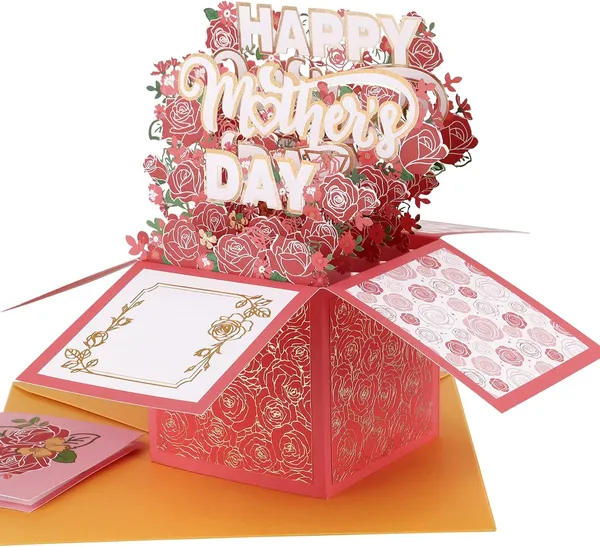 Red 3D Pop-Up Mother’s Day Card, Best Mom Ever Handmade Flower Greeting Card with Envelope & Notecard for Mom