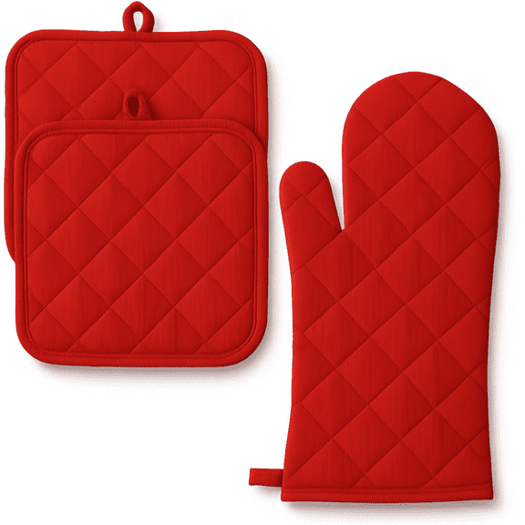 Red 3pc Set Oven Mitt with Potholders for Cooking, Baking, Grilling & Kitchen, Cotton Material by Osnell USA