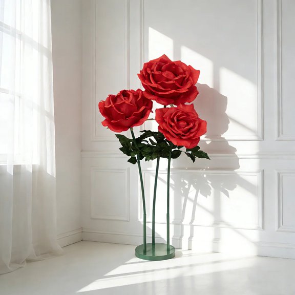 Red 4.5 ft tall Artificial Rose Decor Set 3 Giant Faux Flowers with Green Standing Base