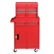 Red 4-Drawer Rolling Tool Chest with Cabinet, Lockable Steel Tool Cart with Wheels, 330 lbs Capacity, 2-in-1 Detachable Tool Storage Organizer for Garage Workshop