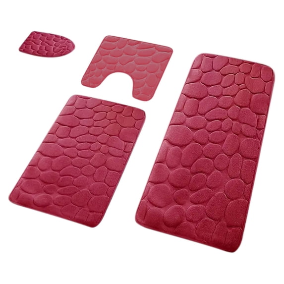 Red 4-Piece Coral Velvet Toilet Mat Set, Non-Slip Bathroom Rug With Lid Cover, U-Shape Floor Mat