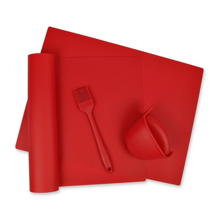 Red 4-Piece Kitchen Baking Set - To include 2 silicone baking mats, one oven gripper and one basting brush. Silicone is Heat Resistant, Non Stick, Dishwasher Safe and BPA Free.