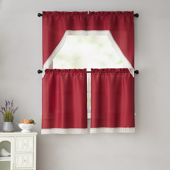 Red 4 Piece Kitchen Window Curtain Set: White Macrame Border, 2 Swag and 2 Tier Panels (Red)