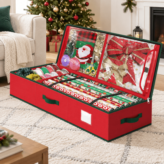 Red 40 Inch Gift Wrap Organizer Storage Chest with Pockets for Holiday Accessories