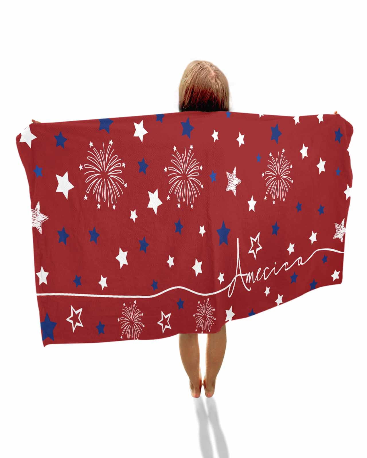 Red 4th of July Beach Towels Oversized Super Absorbent,Independence Day Blue White Star Fireworks Lightweight Bath Towel Quick Dry Sets For Bathroom/Pool/Rv Camping/Beach Play/Gym Room/Picnic 30"x60"