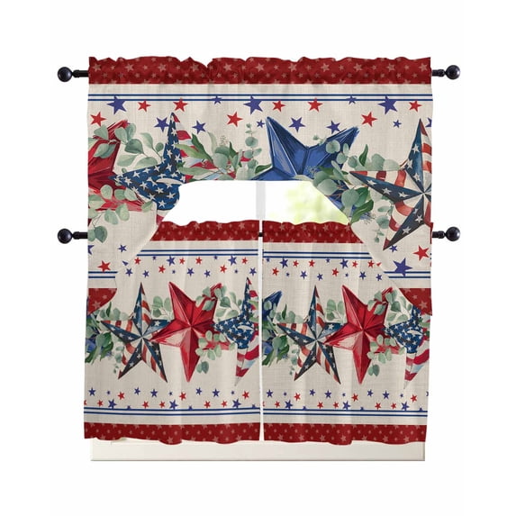 Red 4th of July Swag Curtains for Living Room/Bedroom Windows, Independence Day Star Vintage Kitchen Curtains and Valances Set 36 Inch Length, Light Filtering Swags Valance Curtain Panels