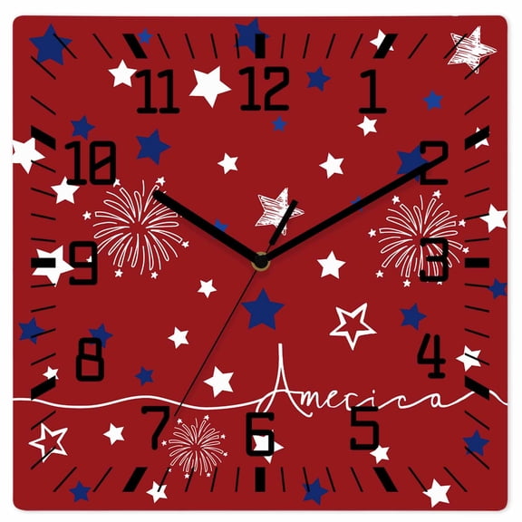 Red 4th of July Wooden Wall Clock Silent Non Ticking, Independence Day Blue White Star Fireworks Square Wall Clocks Battery Operated, Decor Clock for Home Office, Living Room, Kitchen, 12 Inch