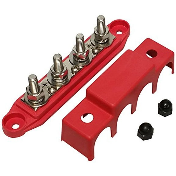 (Red) 5/16" 4 Stud Power Distribution Block -BUSBAR- with Cover - Made in The USA