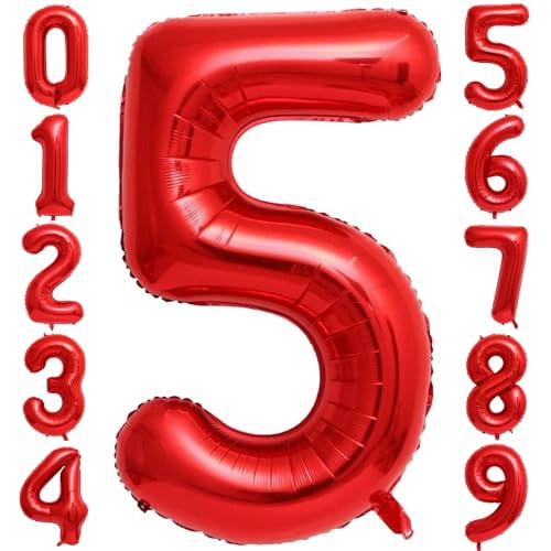 Red 5 Number Balloons, 40 Inch Foil Mylar Helium Big Red 5 Balloon for Birthday Party Anniversary Decor
